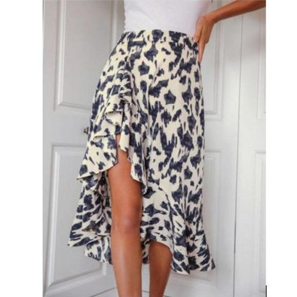 SHEIN Dresses & Skirts - NWOT Draped Front Asymmetrical Ruffle Trim Allover Print Skirt